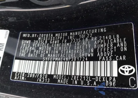 2022 Toyota Corolla Le из США, поврежденный, VIN 5YFEPMAE4NP381724